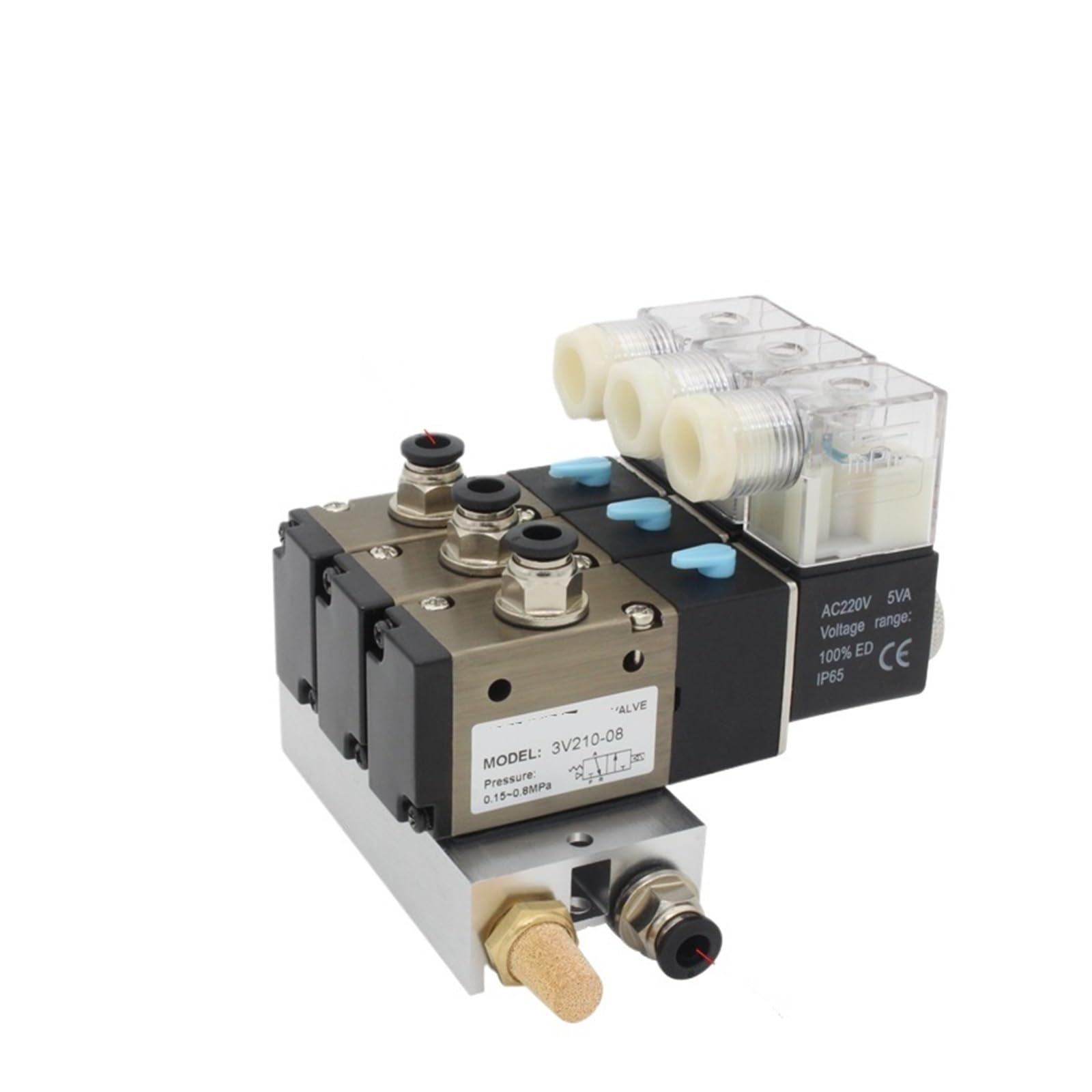 3V310-10-NC normalnie zamknięty blok zaworów elektromagnetycznych z akcesoriami do tłumika kolektor bazowy DC 12 V 24 V AC110 V 220 V 3 porty (złączki DC 12 V, 8 mm, 7 stacji)