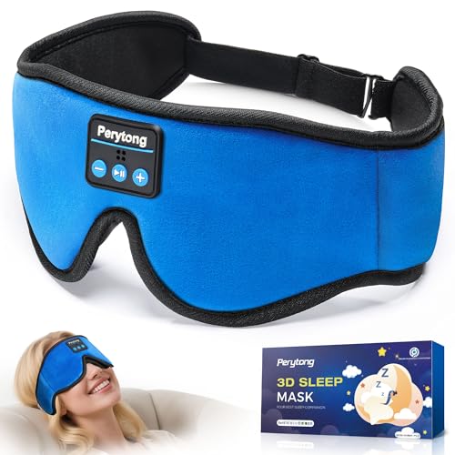 Perytong bright blue Bluetooth sleep mask, thin flat build showing the lightest 2.88 oz weight in the set