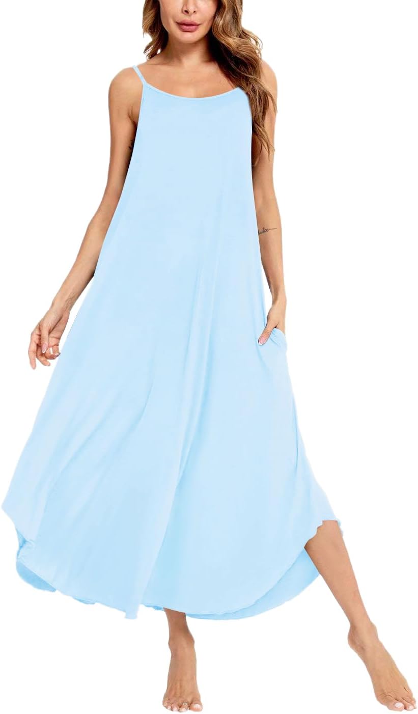 SWOMOG Women Long Nightgown Pajama Dress Soft Strap Nightdress Summer Sleeveless Nightshirt Lounge Dress with Pockets