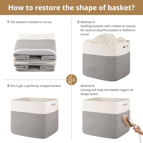 OIAHOMY Cotton Rope Woven Baskets for Organizing 3-Pack 13x15x12.6IN Closet Storage Bins for Clothes Rectangular Storage Baskets for Kids Toy Bins, Living Room Baby Nursery - White & Grey by OIAHOMY - Image 7