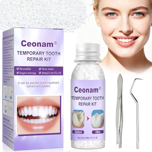 1.0oz / 30ml Moldable Tooth Repair Kit with Stainless Steel Tweezers and Dental Pick Temporary Tooth Replacement Thermal Beads for Broken or Missing Teeth Denture Repair and DIY Oral Care