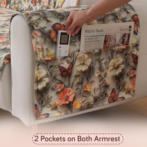 Image of HOKIPO 'Nature Muse' Premium HD Printed Holland Velvet Sofa Armrest Covers with Pockets | 1 Pair | Butterfly Orchard (IN-921-L-D3*2)