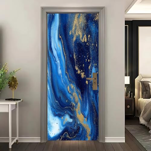 Masquer les défauts d'une porte : sticker mural marbre bleu 3D 85x205 - 2