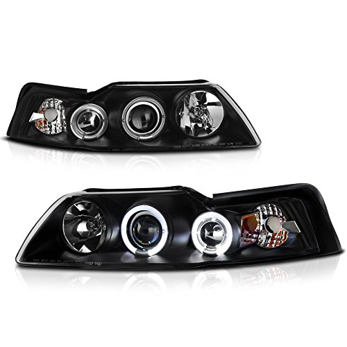 For 1999-2004 Ford Mustang LED Halo Ring Black Projector Headlight Headlamp Assembly, Driver & Passenger Side