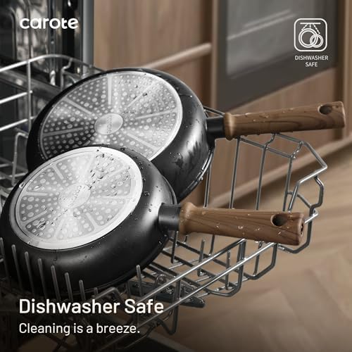 CAROTE 24-piece cookware set stacked with pan protectors.