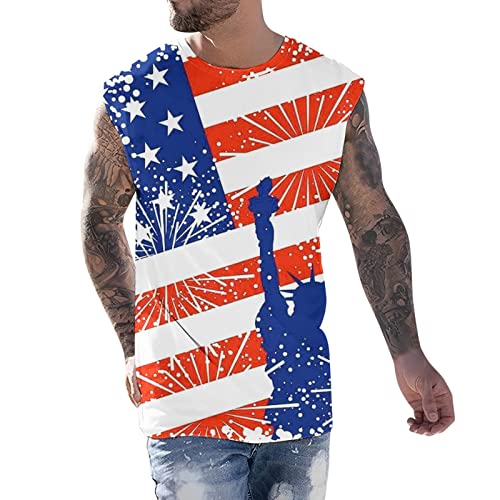 Gdjgta Male Independence Day Spring Summer Vest Print Pattern Round Neck Plus Size Comfortable Vest Mens Workout Tops #TOP27