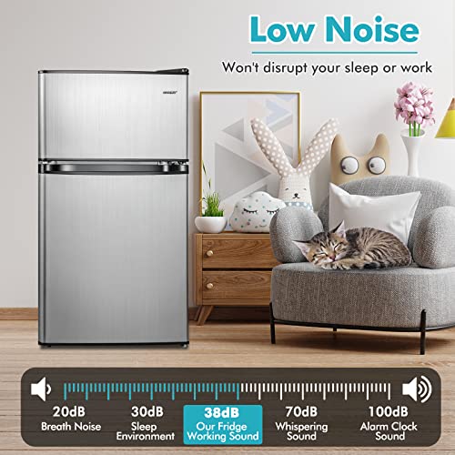 COSTWAY Compact Refrigerator, 3.2 Cu.Ft. Fridge Freezer Compartment with Reversible 2 Door, Adjustable Thermostat, Removable Glass Shelves, Mini Refrigerator for Bedroom Dorm Apartment, Silver - Image 6