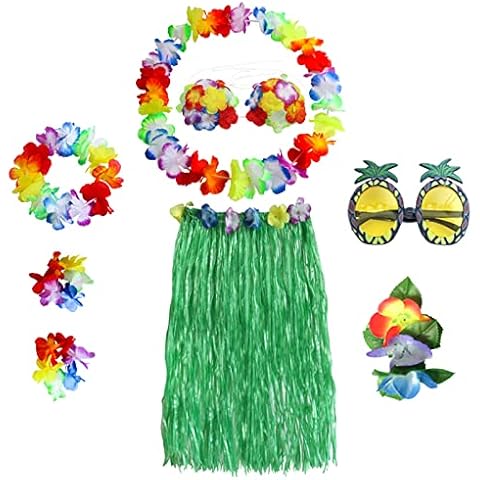 HBell 8PCS Hawaiian Hula Skirt Costume Set,Hawaiian Grass Skirt,Hawaii Leis,Flower Bikini Top,Pineapple Glasses for Adults Kids Fancy Dress Supplies Summer Beach Tropical Party Decorations (Green) Cover