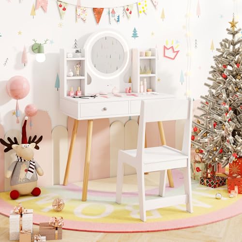Image of HONEY JOY Kids Vanity, Girls Vanity Set with Mirror and Stool and Lights, Drawers & Storage Shelves, Toddler Makeup Vanity Dressing Table, Pretend Play Kids Vanity Table and Chair Set (White)