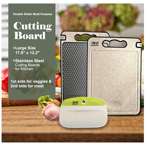 Stainless Metal Multi-Function Slicing Board, Double Sided Design with Scraper, Kitchen Devices Wheat Straw Metal Chopping Boards with Knife Sharpener, Finest For Fruit & Meat Chopping - Image 3