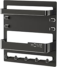Wall Mounted Key Ring with Shelf, Easy to Install Without Drilling, PS with 5 Hooks for Phone, Remote Control, Headset, Keys (23 x 24 cm) (Black)