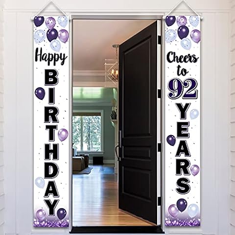 LASKYER Happy 92nd Birthday Decorations,92nd Purple Balloon Birthday Theme Door Hanging Banner Sign,92 Years Old Bday Party Supplies. Cover