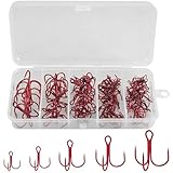 JSHANMEI 50pcs/box Treble Hooks Set Blood Red Assorted Sizes Fishing Hooks