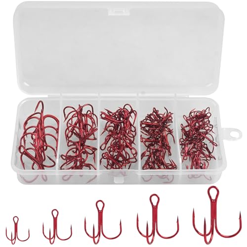 Fishing Treble Hooks Kit 90pcs High Carbon Steel Strong Sharp Round Bend Red Treble Fishing Hooks for Catfish Trout Hard Baits Lures Saltwater Freshwater, Size 2# 4# 6# 8# 10#