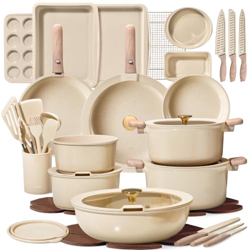 Image of CAROTE 49pcs Pots and Pans Set, Ceramic Cookware Set with Detachable Handle | Baking Pans Set, Knife Set, Non Stick, Induction Compatible, Dishwasher& Oven Safe, Space Saving, for Kitchen /RV /Camping