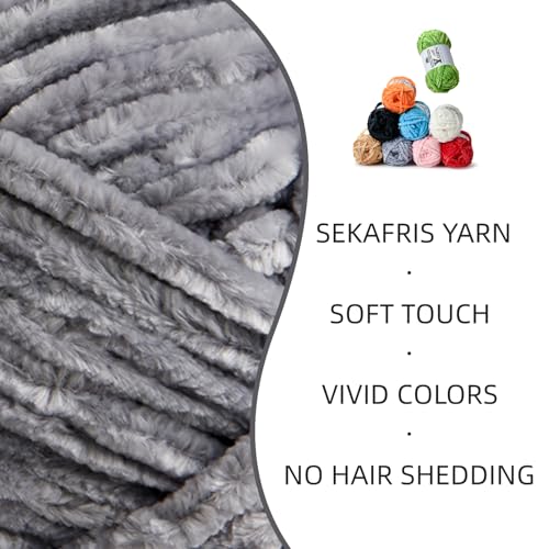 Image of 3 Pack Plush Chenille Chunky Yarn - Fluffy Velvet Yarn Crochet for Blanket Knitting and Crocheting - Soft Baby Yarns for Crocheting - Amigurumi Crochet Yarns 100g (87yds) (3 Light Gray)