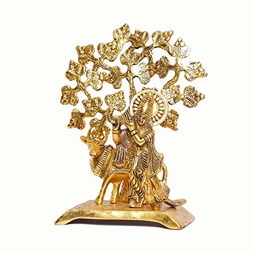 Image of KridayKraft Metal Krishna Idol Statue with kamdhenu Cow Standing Under Tree Showpiece Figurine for Pooja Room & Gift,Decorative Religious Statue for Home,Office & Table...
