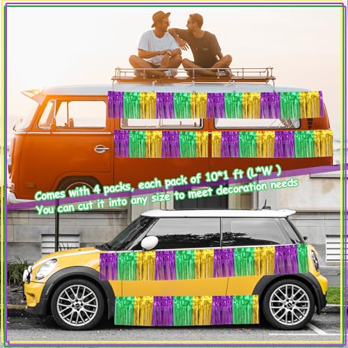Image of 4 Pack 39 Feet Green Gold Purple Foil Fringe Garland Metallic Tinsel Streamers Banner Fringe Backdrop Banner for Parade Floats Mardi Gras Birthday Party Homecoming Decoration (Green Gold Purple)