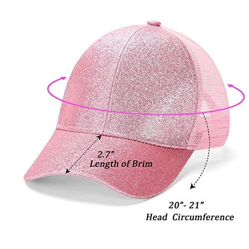 BROMZ Girls Glitter Baseball Cap Kids Ponytail Hat Adjustable Summer Mesh Trucker Hats for 4-12 Years4