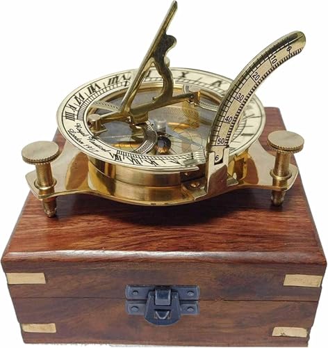 Brújula reloj de sol vintage de latón con caja de madera miniatura 4