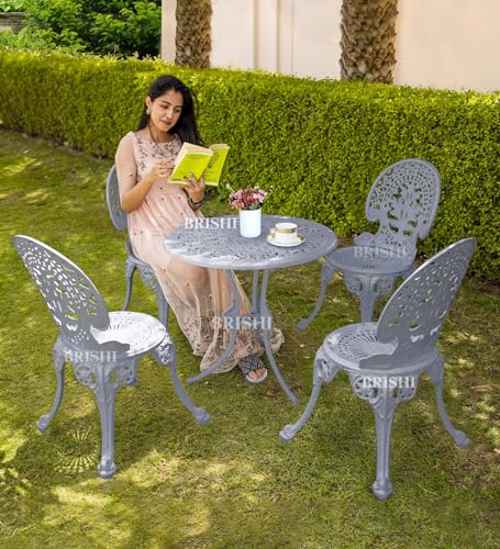 Image of BRISHI Cast Aluminium Garden Patio Seating Chair and Table Set for Balcony Outdoor Furniture with 1 Table and 4 Chair Set (Grey)