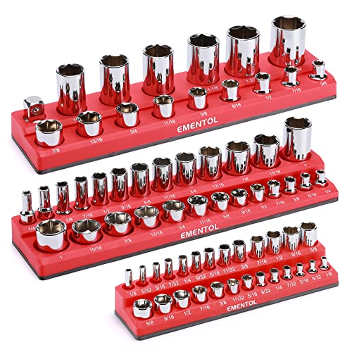 EMENTOL 3PCS SAE Magnetic Socket Organizers- Red, Holds Up to 68 Sockets, 1/4