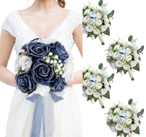 DIYDOFUN Premade 11 Inch Navy Blue and White Wedding Bouquet