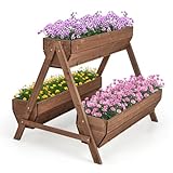 Giantex Vertical Raised Garden Bed, 3 Large Wood Planter Boxes for Flower Vegetable Fruit Herb, Freestanding Planter with Drain Holes, Elevated Raised Beds for Indoor Outdoor Lawn Patio Yard, Brown