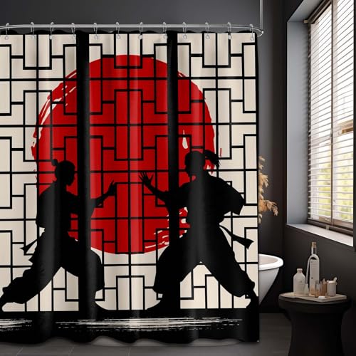 Image of Anime Shower Curtain Japanese Black and Red Asian Cool Shower Curtains for Mans Bathroom Decor Sets, Waterproof Cloth Fabric with Hooks, 70x72 Inch
