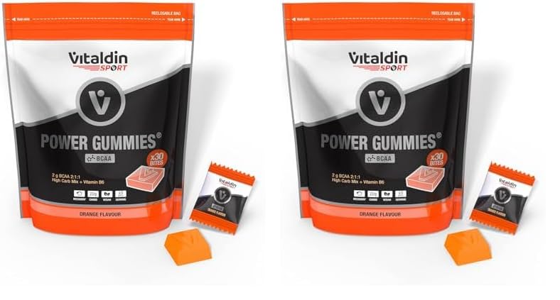 VITALDIN SPORT Power Gummies – Protección y recuperación muscular – 2 gr de Aminoácidos BCAA de ratio 2:1:1 por serving + Vitamina B6 – Doypack de 30 Bites de gominola – Sabor naranja – Vegano