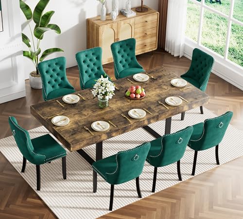 Image of Rustic Brown Dining Room Table Set for 8, 9-Piece 63 inch-78.74 inch Extendable Dining Table Set with 8 Upholstered Chairs, Rectangle Wooden Expanding Kitchen Table and Green Chairs Set