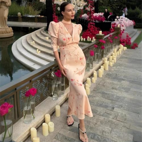 Women's Elegant Floral Long Dress Deep V Neck High Waist Office Party Dress Slim Long Sleeve Dress2