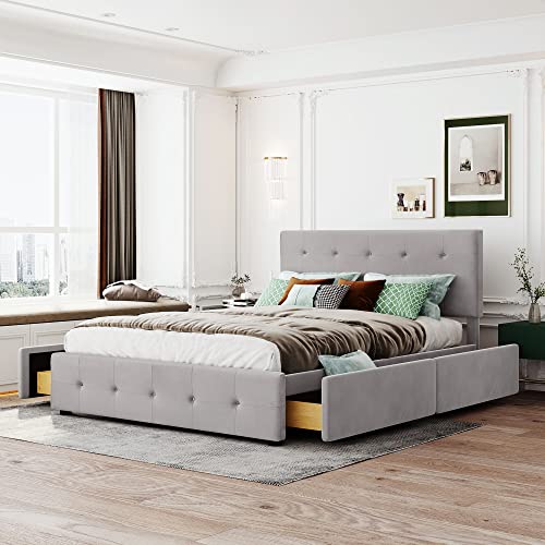 Generisch Cama tapizada de 140 x 200 cm con 4 cajones, somier de láminas integrado y funda de terciopelo agradable al tacto, cama doble moderna para dormitorio elegante (sin colchón)