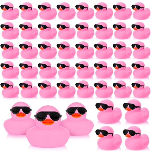 Sosation 48 Pack Mini Rubber Ducks with Sunglasses Sets Squeaky Bath Toys Float Bathtub Duckies for Little One Birthday Party Favors Class Carnival Prizes Car Decor(Pink)