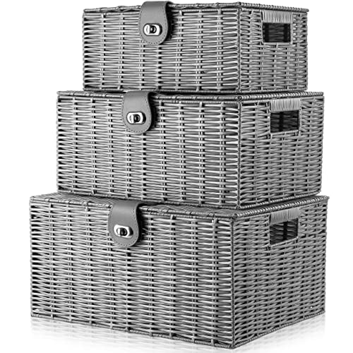 ARPAN Set of 3 Resin Woven Storage Basket Box with Lid & Lock Grey, Large, Medium, Small
