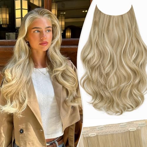 Layered Halo Hair Extensions with Invisible Wire Beige Blonde Hair Extensions with Highlight (H18/60A) and 6 Secure Clips 20'' Long Wavy Layered Synthetic Hair Extensions for Women Daily and Party Use