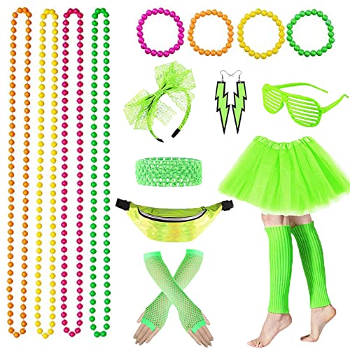 Deguisement Annee 80 Accessoire Femme Fluo,Tutu Fluo,Sac Banane,Lunette,Bandeau,Colliers,Bracelets,Jambières,Boucles D'oreilles Annees 80 90 Deguisement Costume Femme Enfant Fête Néon Soiree Fluo