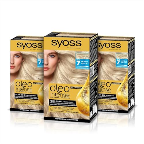 Syoss Oleo Intense - Tinte 12-00 Aclarante Extremo – Coloración permanente Sin Amoníaco – Cobertura profesional de canas – Resultados de peluquería (Pack De 3)