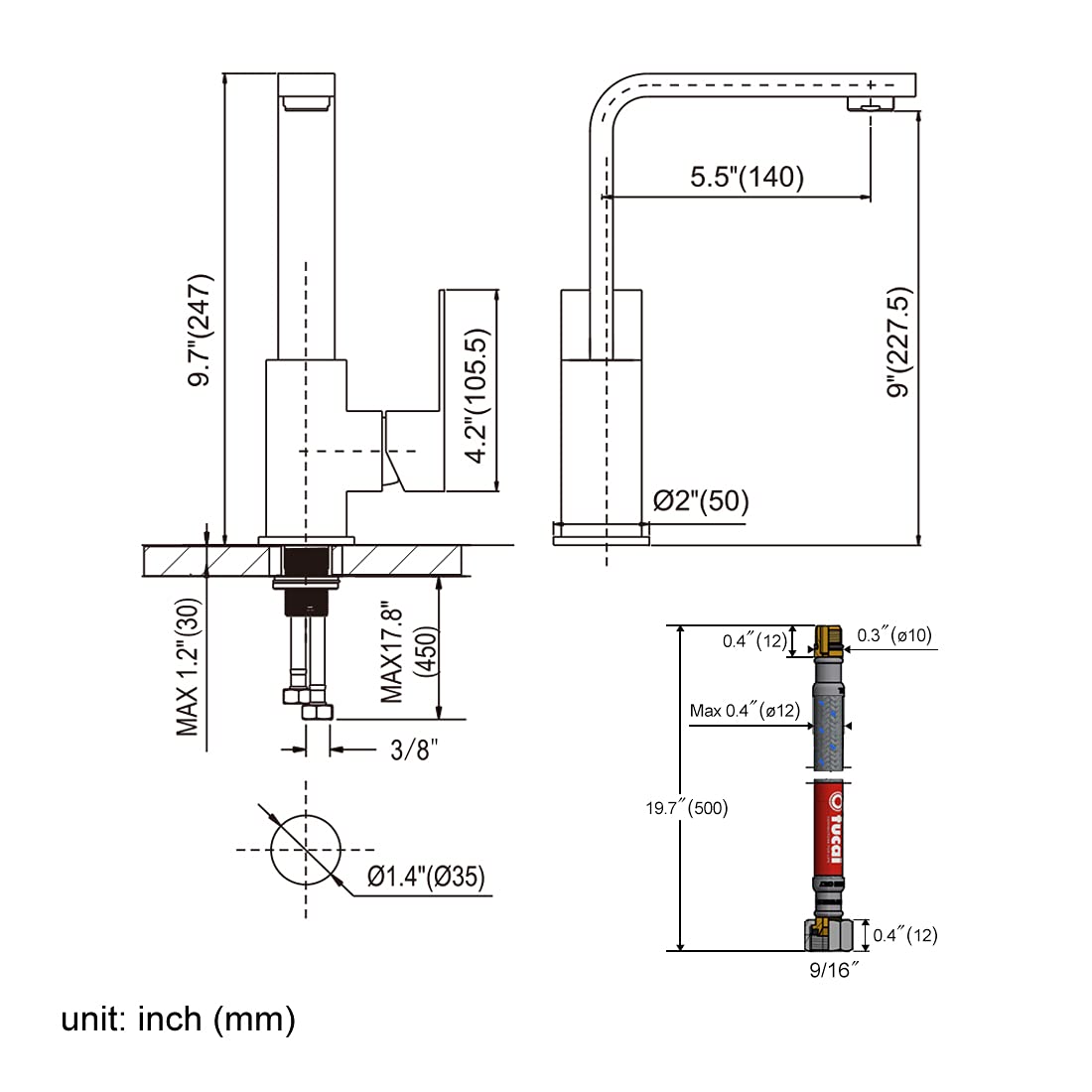 WOWOW Single Hole Bar Faucet Black Prep Sink Faucet Single Handle Mini Bar Tap with Water Supply Hose — view 7