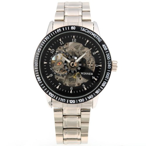 AMPM24 Zwarte Mens Luxe Mechanische Skelet Rvs Polshorloge Gift, Zwart, armband