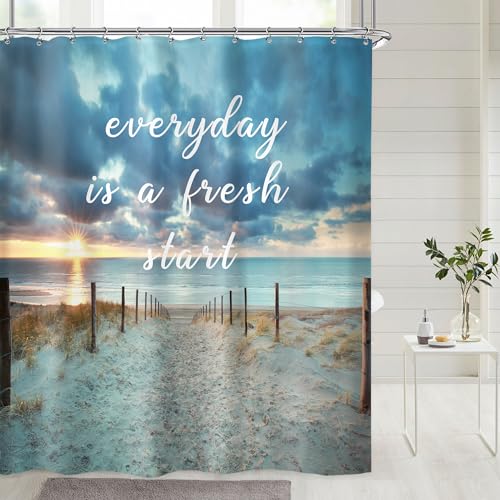 Riyidecor Ocean Beach Quote Shower Curtain 60Wx72H Inch Seaside Sunset Scenic Blue Sky Inspirational Nature Sunlight Landscape Sand Sea Bathroom Decor Polyester Waterproof 12 Pack Hooks
