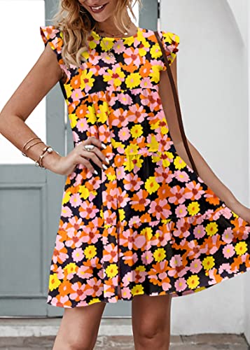 Image of KIRUNDO Summer Dresses for Women Sundress Sleeveless Ruffle Sleeve Round Neck Loose Short Flowy Pleated Mini Babydoll Dress