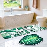 LUUFILx Green Bathroom Rug Set 3 Piece Palm Leaf Bathroom Rugs Set with U-Shaped Mat Green Leaves Bath Mat with Unique Leaf Shaped for Bedroom Floor Living Room Machine Washable