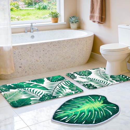 LUUFILx Green Bathroom Rug Set 3 Piece Palm Leaf Bathroom Rugs Set with U-Shaped Mat Green Leaves Bath Mat with Unique Leaf Shaped for Bedroom Floor Living Room Machine Washable