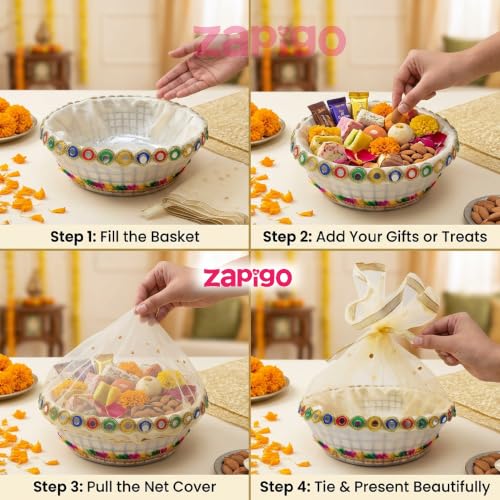 Image of Habba Net Frill Gift Basket with Mirror Work & Gold Ribbon, 9 Inch Decorative Hamper Basket for Gifts, Sweets & Dry Fruits, Wedding, Baby Shower, Griha Pravesh & Festive Return Gift Box, Pack of 10
