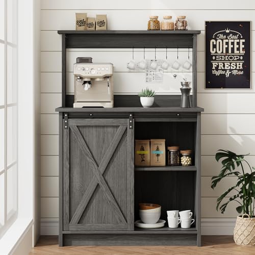 4ever2buy Farmhouse Coffee Bar with Hutch, 31 Inch Buffet Cabinet with Sliding Barn Door, Storage Bar Cabinet with 6 Hooks, Coffee Bar Table with Adjustable Shelves for Living Dining Room, Grey