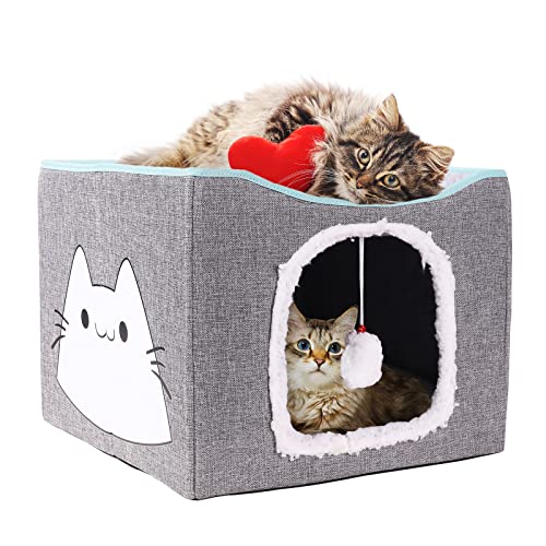 Cat Beds for Indoor Cats -Foldable Cat Cube Cave House with Removable Sisal Rope Cat Scratcher and Fluffy Ball Hanging…