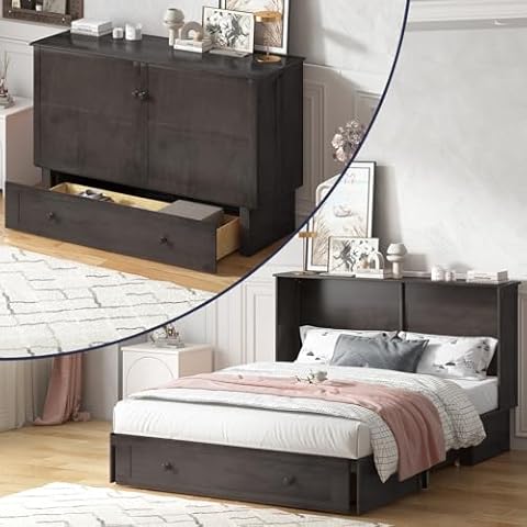 ZAFLY Convertable Murphy Bed Cabinet 62.8" W Chest Bed with Foam Mattress& Large Drawers, Cabinet Bed Built-in USB Charging Station, Folding Bed Space-Saving for Apartment/Bedroom/Living Room -Gray Cover