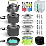 ♨【29 TEILIGE SET】Das Camping Geschirr Set enthält 1 x L-Topf, 1 x M-Topf, 1 x Bratpfanne, 1 x 1,2 l Wasserkocher, 1 x 2,6 Gallonen Klappbehälter, 1 x 12 l zusammenklappbarer Eimer. 4 x 230 ml Edelstahlbecher mit Silikonschutz, 4 x 18 cm Edelstahlplatten, 4 Sets Besteck (4 x Gabeln, 4 x Messer, 4 x Löffel mit 4 Aufbewahrungsbeuteln), 2 x Reinigungstuch und 1 x Tragetasche. Dieses One-Stop-Shopping-Camp-Kochgeschirrset ist eine gute Wahl für Gruppencamping oder andere Aktivitäten.