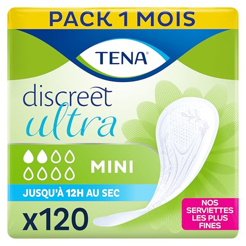 TENA Discreet Mini - Serviettes Incontinence Femme - Post-Accouchement - Protections Absorbantes pour Fuites Urinaires Légères - 120 Serviettes (Pack 1 Mois)